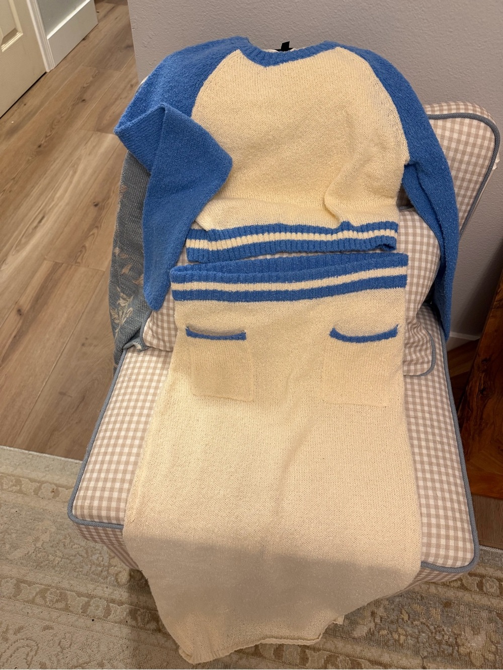 NWOT Cream Knit Two-Piece Set with Blue Trim